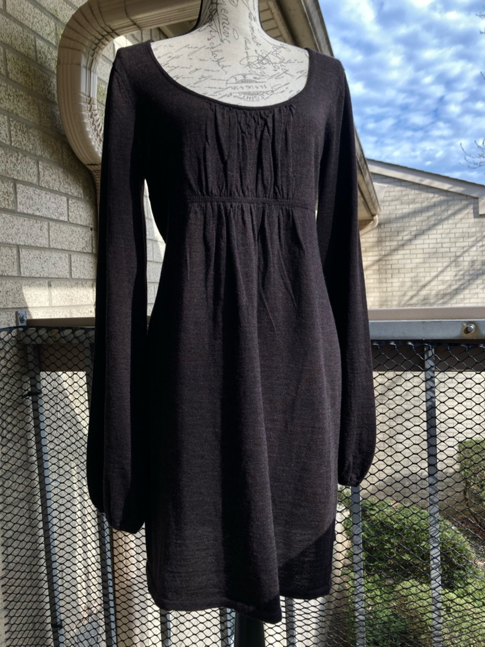 Vintage Lucky Brand Wool Chocolate Brown Blouson Sleeve Babydoll Dress Twilight